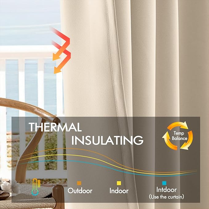 ANRODUO Back Tab Blackout Curtains for Bedroom Living Room, Rod Pocket Pinch Pleated Thermal Insulated Room Darkening Curtains 84 Inches Long 2 Panels, Cream Beige, 52 x 84 Inch