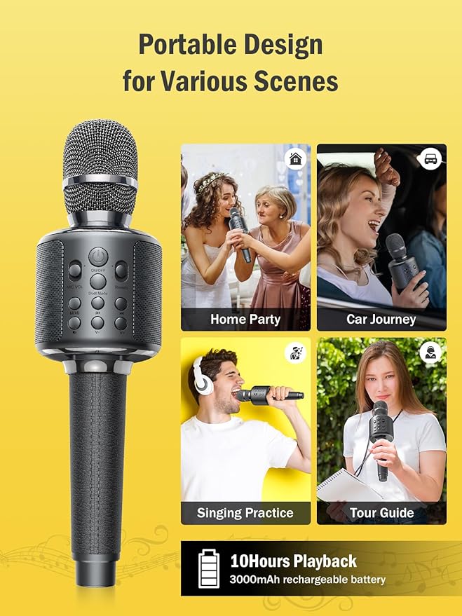 Wireless Bluetooth Karaoke Microphone, Built-in Loud Speaker for 10H Playback, Add Reverb/Duet Mode/Earbuds Monitoring, Portable Karaoke Machine for Entertainment & Singing Practice (Gray)