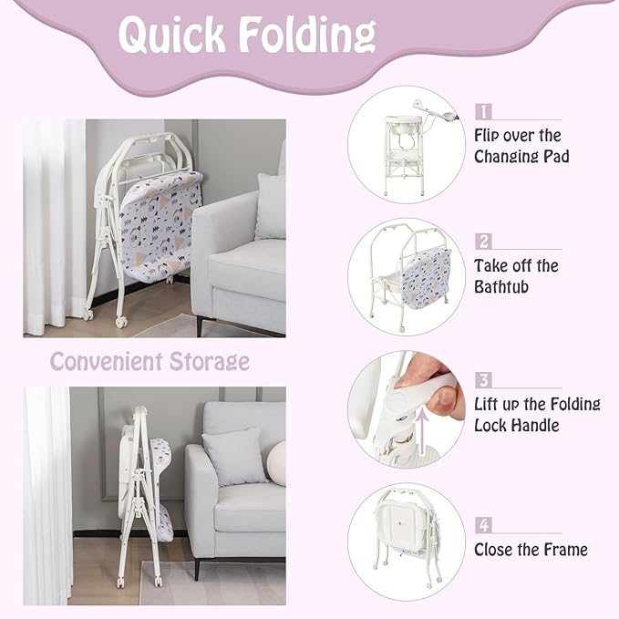 BABY JOY Baby Bathtub with Changing Table, Foldable Infant Diaper Changing Station with Storage Tray, Waterproof Pad, Portable Newborn Nursery Organizer Bath Stand with 4 Universal Wheels (White)