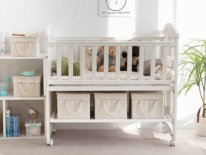 StorageWorks Large Storage Bins with Lids, Decorative Storage Boxes with Lid and Soft Rope Handles, Foldable Storage Baskets for Closet, Shelves, Stackable, Ivory and White, 3-Pack