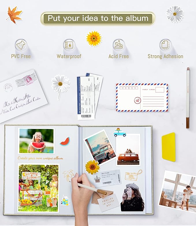 popotop Photo Album Self Adhesive with Picture Display Window,40 Pages DIY Scrapbooking Supplies Kit for 4x6 8x10 Picture,Linen Cover Memory Book for Baby Wedding, with Scraper and Metallic Pen