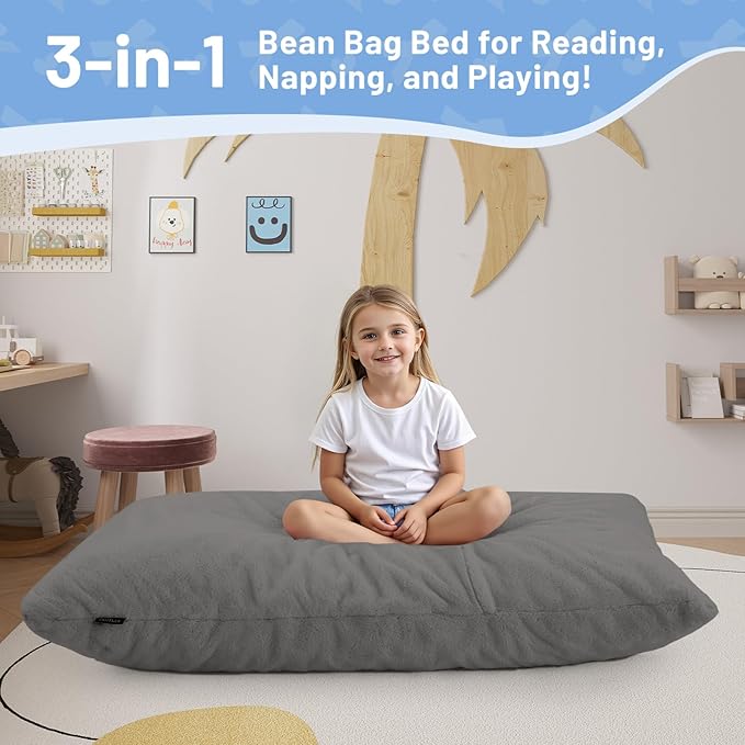 COMAX 3-in-1 Bean Bag Chair for Kids, Toddler Beanbag Bed, Convertible Child Floor Lounger, Floor Mattress with Filler for Girl Boy Sleeping Reading, Grey