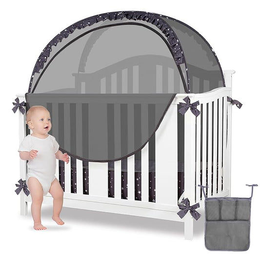 Baby Safety Crib Tent Infant Pop up Mosquito Net Nursery Bed Canopy Netting Cover - Keep Baby from Climbing Out with Hanging Diaper Storage Bag (Dark Gray)