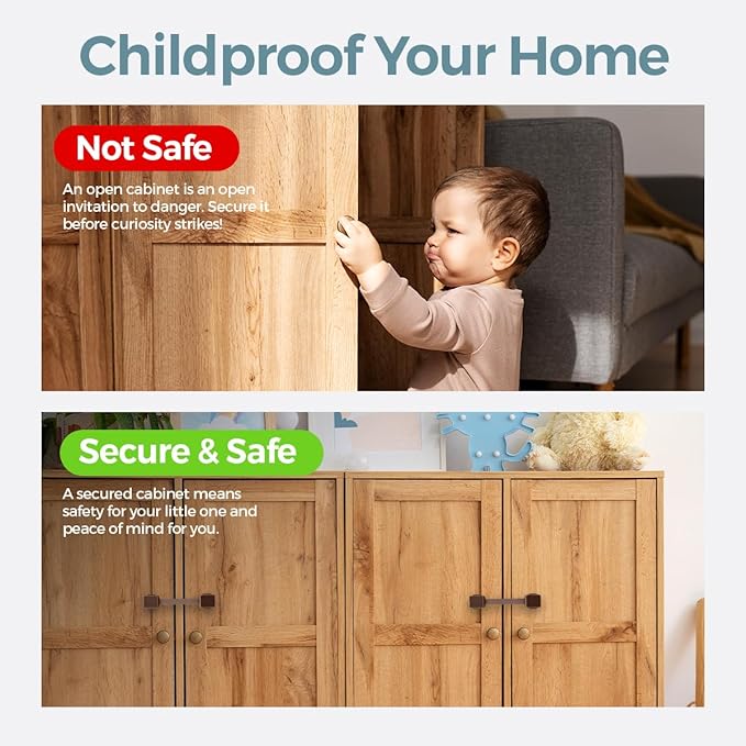 Cabinet Locks Baby Proofing (6-Pack Brown) - Child Proof Cabinet Locks, No Drilling, Easy Installation, Adjustable & Reusable, Drawer Locks Baby Proofing