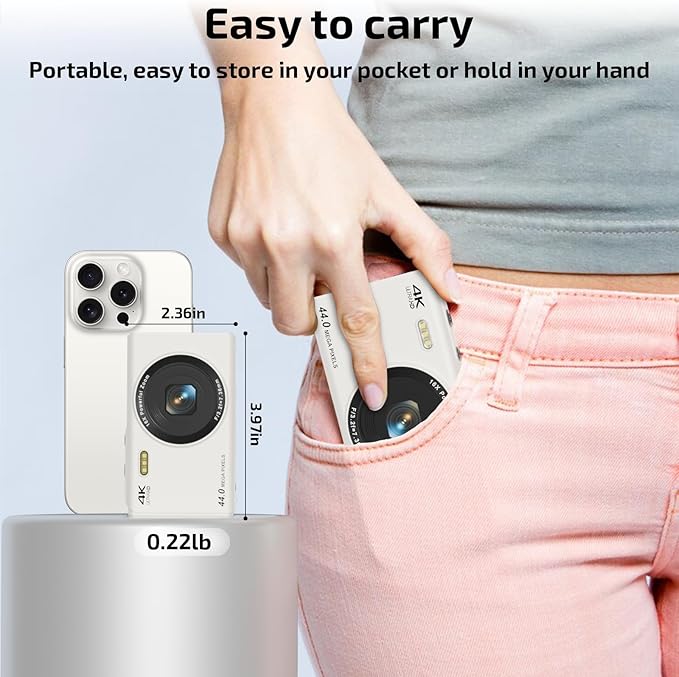 Upgrade Digital Camera, FHD 4K 44MP Autofocus Digital Point and Shoot YouTube Camera with 16X Zoom, 32GB SD Card, Compact Digital Camera Cheap for Teens Boys Girls Kids White