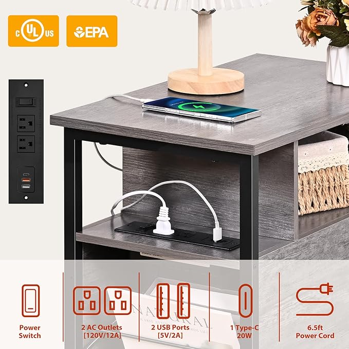 Side Table, Gray End Tables with Charging Station, Narrow End Table with Wooden Drawers, USB Ports and Power Outlets, Nightstand and Bedside Table, Side Table Living Room, Bedroom