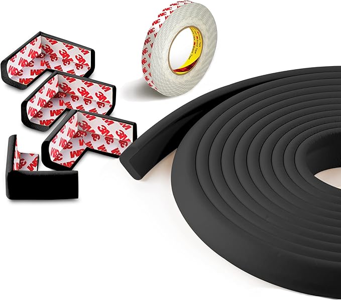 Baby Proof Corners and Edges with Furniture Corner & Edge Safety Bumpers, Impact-Absorbent 18ft Bumper & 8 Foam Corner Protectors, Cushy, Thick, Odorless Table Edge Protectors for Baby, Child | Black