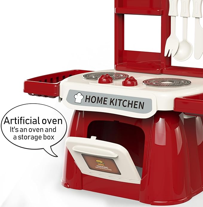 Kitchen Set for Toddler with Sound and Light，Pretend Cooking Food Set,Kids Kitchen Playset，Play Sink with Running Water and Electronic Induction Stove，Kitchen Accessories (red Kitchen Set)