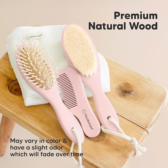 Baby Hair Brush and Comb Set for Newborn - Wooden Baby Hair Brush Set with Soft Goat Bristle, Baby Brush Set for Newborns, Baby Brush and Comb Set Girl, Boy, Toddler Cradle Cap Brush (Oval, Blush)