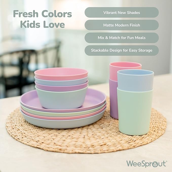 WeeSprout Bamboo Kids Bowls, Set of Four 10 oz Kid-Sized Dinnerware, Cereal, Leftovers & Snack Bowl, Dishwasher Safe (Blue, Yellow, Orange, & Red, 10 Oz)