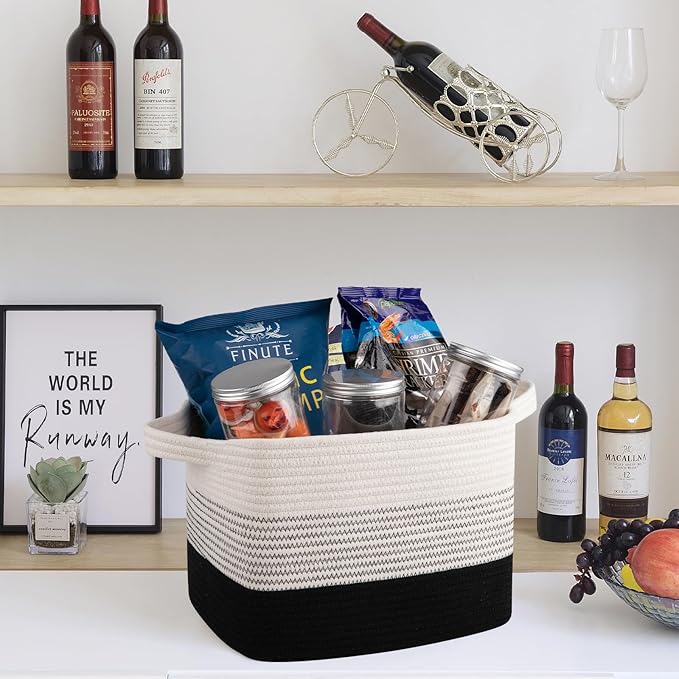 Storage Baskets for Organizing, Woven Baskets for Shelves, Rectangle Decorative Organizer for Storage Clothes, Toy, Books, Towels Nursery Bins 3 Pack (Gradient Black)