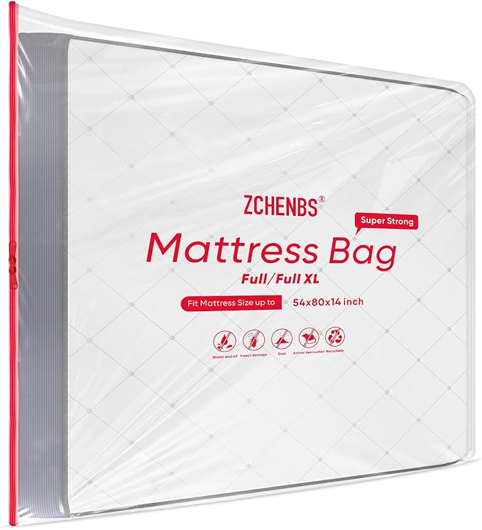 ZCHENBS® – Mattress Bags for Moving and Storage,Mattress Bag with Zippers,5 Mil Ultra-Thick Bed Bag,Waterproof,Anti-Tear,Heavy-Duty Mattress bag (Transaparent/Red, Full/Full XL-(1 Pack))
