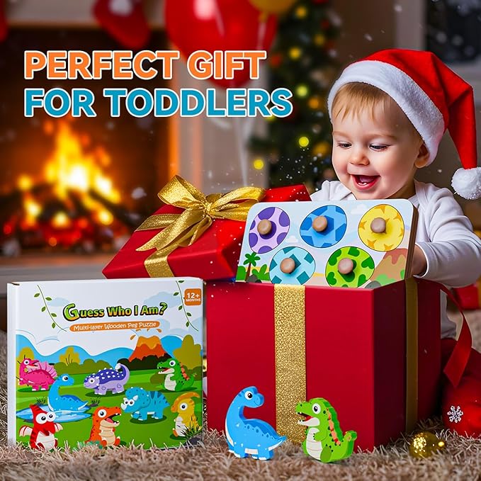 Dinosaur Wooden Puzzles for Toddlers 1-3, Montessori Toys for 1 2 Year Old Boy Birthday Gifts, Dinosaur Matching Eggs Peg Puzzles for Toddlers Age 2-4, Preschool Learning Activities for Girls