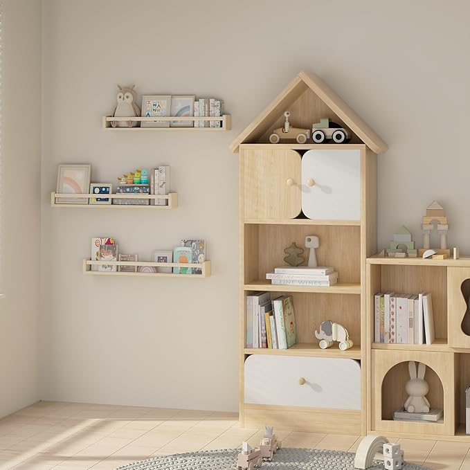 Heimlove Nursery Floating Shelves, Wood Nursery Book Shelves for Wall, 32 inch Wall Bookshelf for Kids Solid Wood Shelves for Books,Toys and Decor Storage, Set of 3