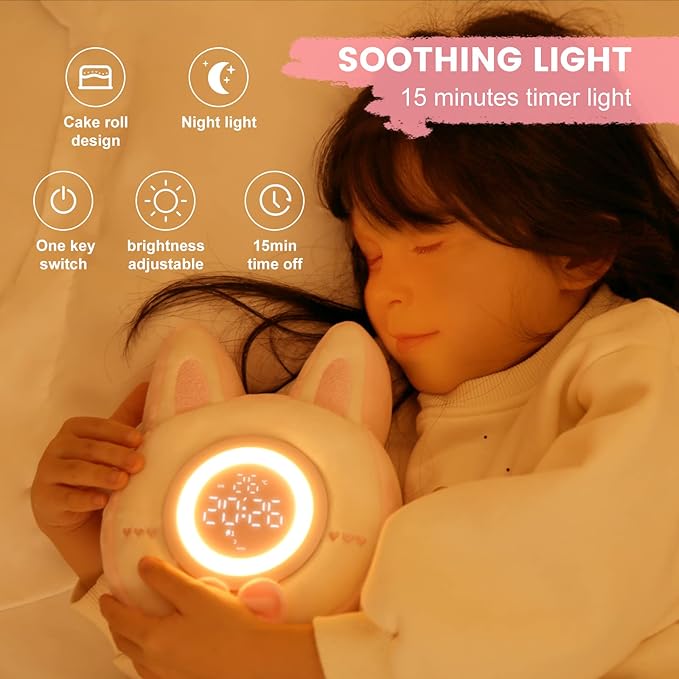 QANYI Bunny Plush Alarm Clock Night Light, Cute Stuffed Animals with LED Display Clock Adjustable Light, Toys for 5-12 Year Old Girls, Kawaii Birthday Gifts for Kids Teens Girls Women