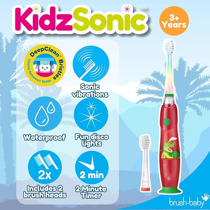 Brush‑Baby - KidzSonic Dinosaur Kids Electric Toothbrush for Ages 3+ with Disco LED Lights, Gentle Sonic Vibrations, 2-Minute Smart Timer & 30‑Second Pulse Reminders – AAA Battery Included