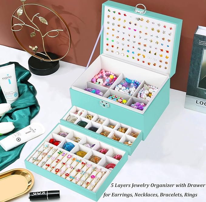 Earrings Jewelry Box for Girls, 5 Layers Jewelry Organizer with Earring Holder Organizer for Girls Earring Organizer Jewelry Boxes for Women Earrings and Necklaces Jewelry Box Organizer Teal