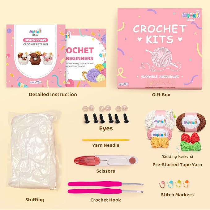 Mewaii Crochet Kit for Beginners Level 2 with 40% Extra Eco-Friendly Pre-Started Easy Yarn, Step-by-Step Video Tutorials for Adults and Kids (3 Pack Cows)