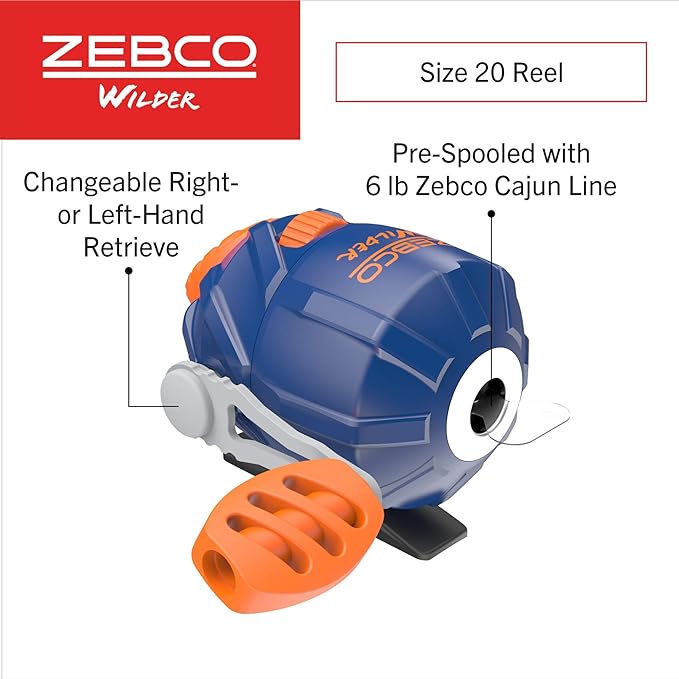 Zebco Wilder Fishing Reel and Rod Combo, 4'3" Durable Fiberglass Rod with Built-In Carabiner, Patented No-Tangle Reel, Pre-Spooled with 6-Pound Zebco Cajun Fishing Line, Blue/Orange