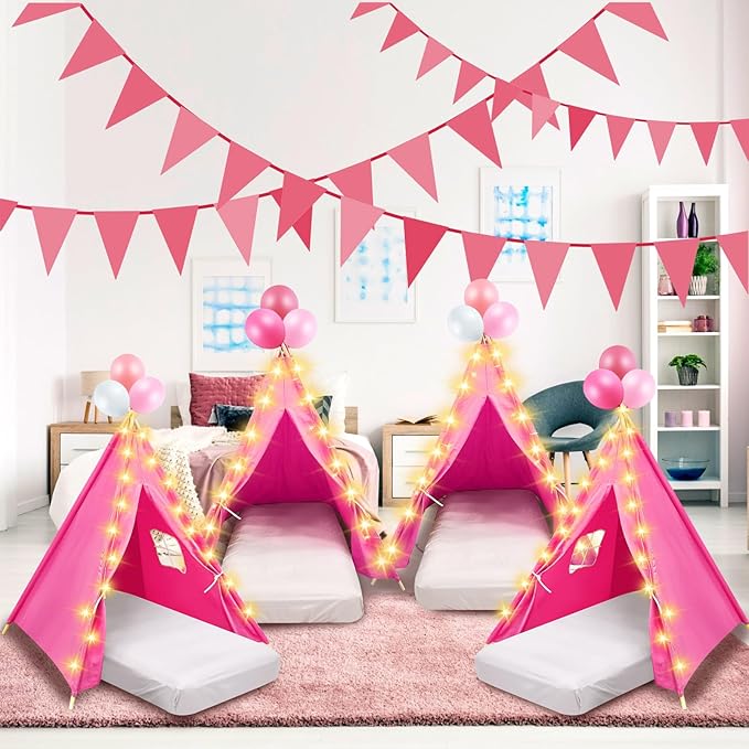 6 Pack Sleepovers Teepee Tent for Kids Bulk with Mattress Sheet Light,Natural Cotton Washable Indoor Play Tent for Birthday Slumber Party Girls Boys Pajama Movie Night Supplies(Rose Red)