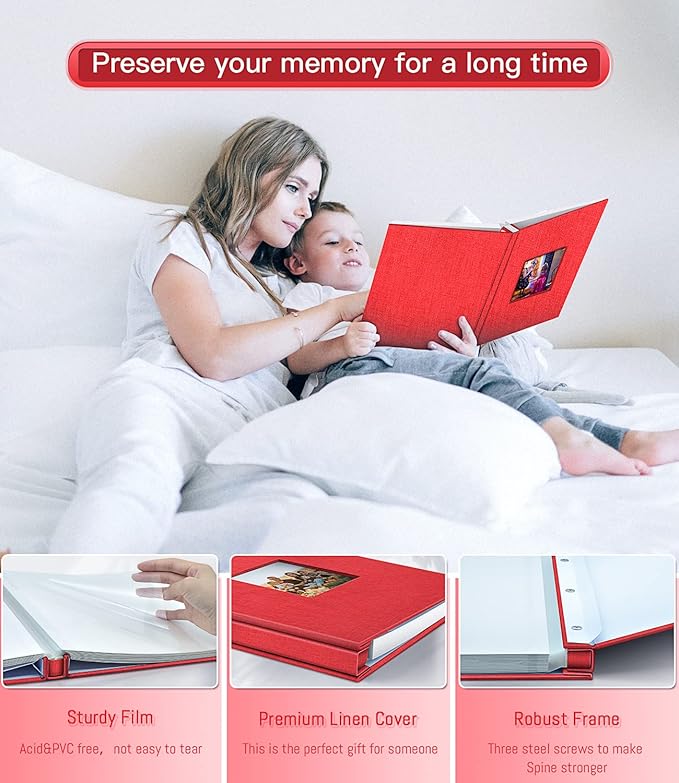 popotop Photo Album Self Adhesive with Picture Display Window,60 Pages DIY Scrapbooking Supplies Kit for 4x6 10x12 Picture,Linen Cover Memory Book for Baby Wedding, with Scraper and Metallic Pen