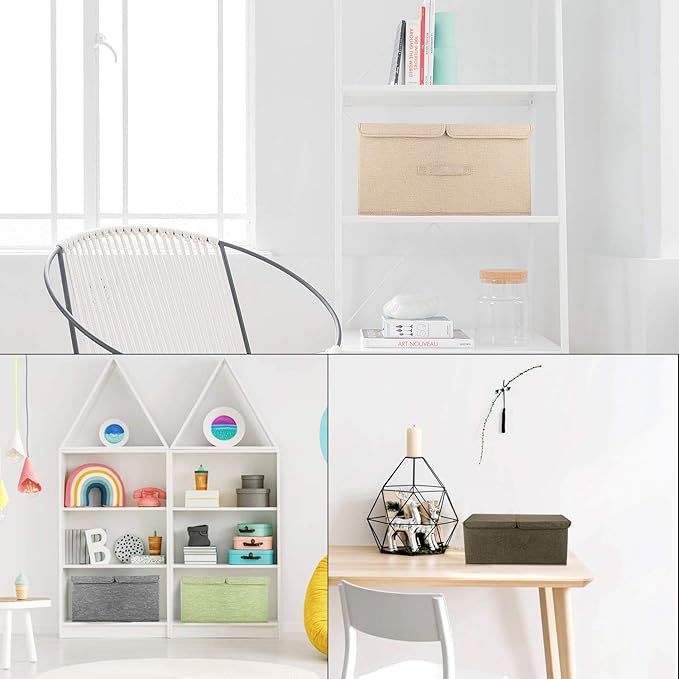 2 Pack Storage Boxes with Lids and Handles, Collapsible Linen Storage Bins Organizer Containers Baskets Cube with Removable Divider for Home Bedroom Closet Office (Khaki, Small)