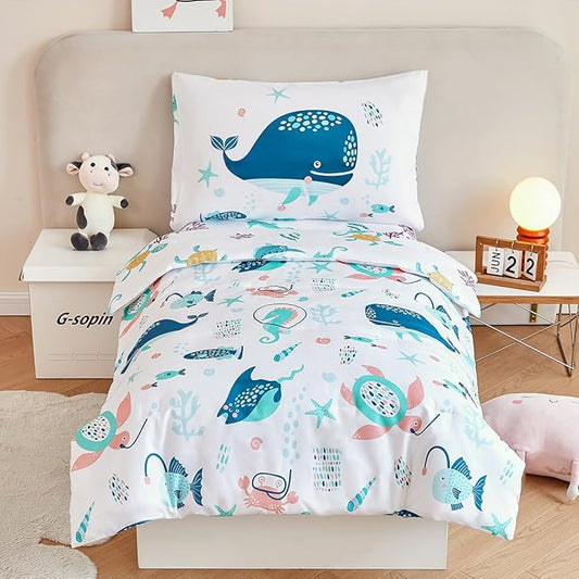 PERFEMET 4 Pcs Toddler Bedding Set Ocean Themed Toddler Comforter for Girl Soft Reversible Under Sea Animals White Toddler Bed in A Bag for Boys Girls(White, Whales)