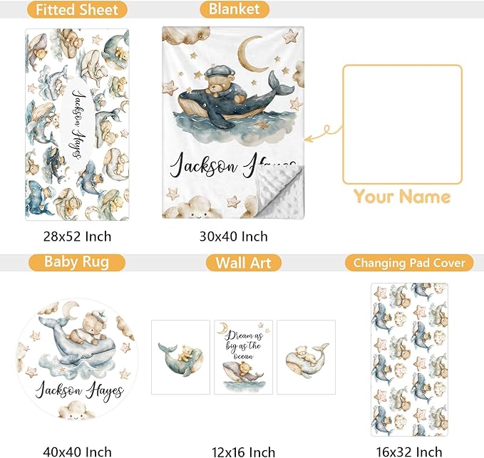Personalized Baby Bedding Set - 5 Pcs Custom Infants Bedding Set with Infant Name - Double Layer Nursery Crib Set for Girls Boys - Customized Gifts for Toddler Baby Shower - Whales and Bears