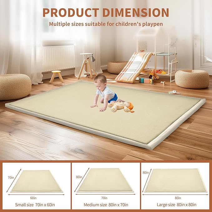 SUNYRISY Baby Play Mat for Floor 70 x 80in, 1.4in Thick Memory Foam Padded Play Mats Baby Rug, Soft Velvet Infants Toddler Kids Crawling Mat for Nursery, Non-Slip Bottom, Beige