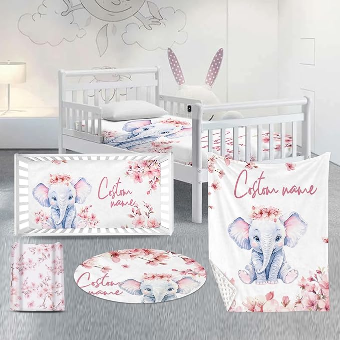 Custom Nursery Crib Bedding Set: 4 Piece Pink Flower Elephant Pattern Baby Crib Sets for Girls with Personalized Name - Toddler Double Layer Blanket Set, Comfortable Crib Bed Sheets for Baby Toddlers