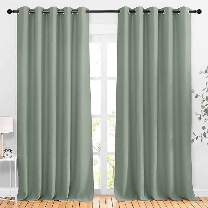 NICETOWN Room Darkening Curtains for Room Divider, Grommet Thermal Curtains Light & Sound Reducing Window Treatments for Sliding Glass Door, W66 x L110, Sage Green, 2 Panels