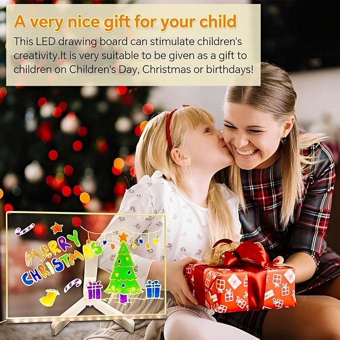 Led Drawing Board, Acrylic Dry Erase Board with Bracket, 15.7" X 11.8" Glow Writing Board, Led Note Board Comes with 7 Drawing Pens and 5 Cartoon Doodle Paper for Office School Home