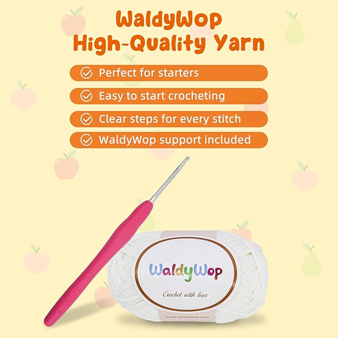 WaldyWop Crochet Kit for Beginners: 3PCS Fruit Squishies Knitting Kits, DIY Craft Kits for Adults w/Video Tutorials & Soft Yarn, Hook - Hobbies Starter Kit for Kids, Birthday Gifts Set for Girls Women