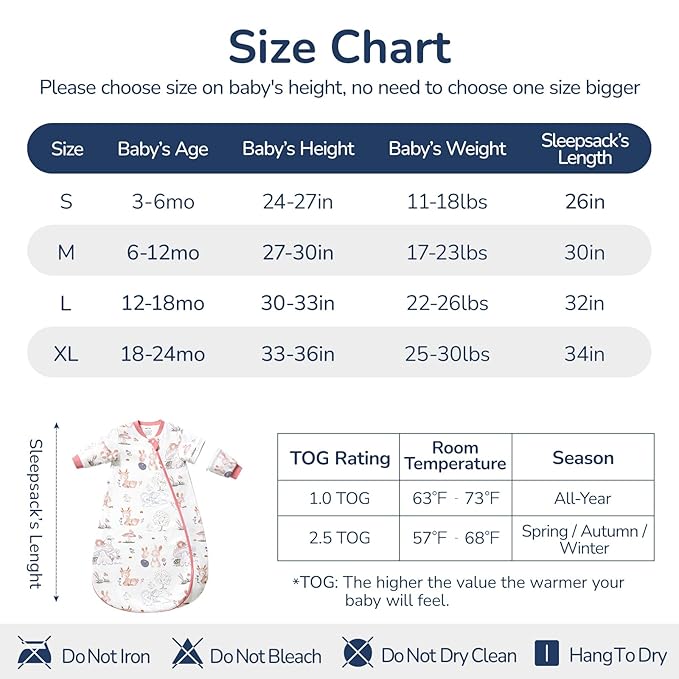 Baby Sleep Sack 18-24 Months, Cotton Detachable Long Sleeve Sleep Sack, 1.0 Tog Toddler Sleeping Sack with Temperature Strips, 2-Way Zipper Wearable Blankets for Newborns, Bunny