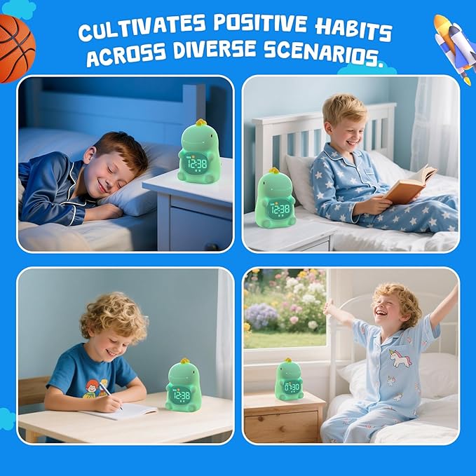 TCJJ Kids Sleep Training Alarm Clock with Night Light - OK to Wake Clock & Sound Machine, Rechargeable Silicone Animal Lamp for Boys Girls Bedroom (Dinosaurs)