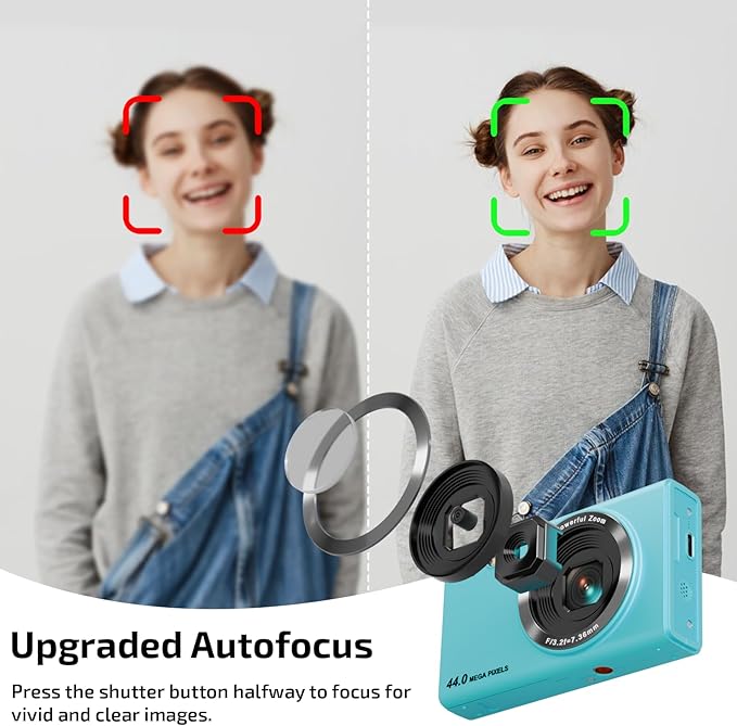 Upgrade Digital Camera, FHD 4K 44MP Autofocus Digital Point and Shoot YouTube Camera with 16X Zoom, 32GB SD Card, Compact Digital Camera Cheap for Teens Boys Girls Kids Blue Camera