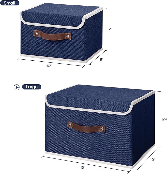 ANMINY 2PCS Storage Bins with Lid PU Leather Handles Storage Boxes PP Plastic Board Decorative Foldable Lidded Cotton Linen Fabric Home Cubes Baskets Closet Organizer Containers - Blue, Large Size