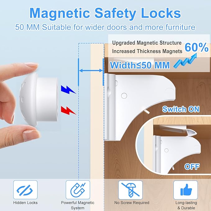 Child Safety Magnetic Cabinet Locks 4 Pack+ Key-AOSITE Baby Proofing Magnetic Drawer Locks for Kitchen with Adhesive No Drilling or Screws Fixed, Baby Safety Cabinet Locks