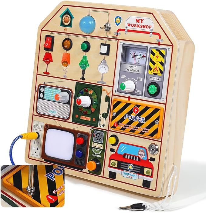 JAUNTY Montessori Wooden Busy Board for Toddlers 3 4 5 Years Old, Wooden Sensory Toddler Toys with LED Light Switches, TV Radio Telegram and Car Driving, Travel Toys Birthday for Boys Girls
