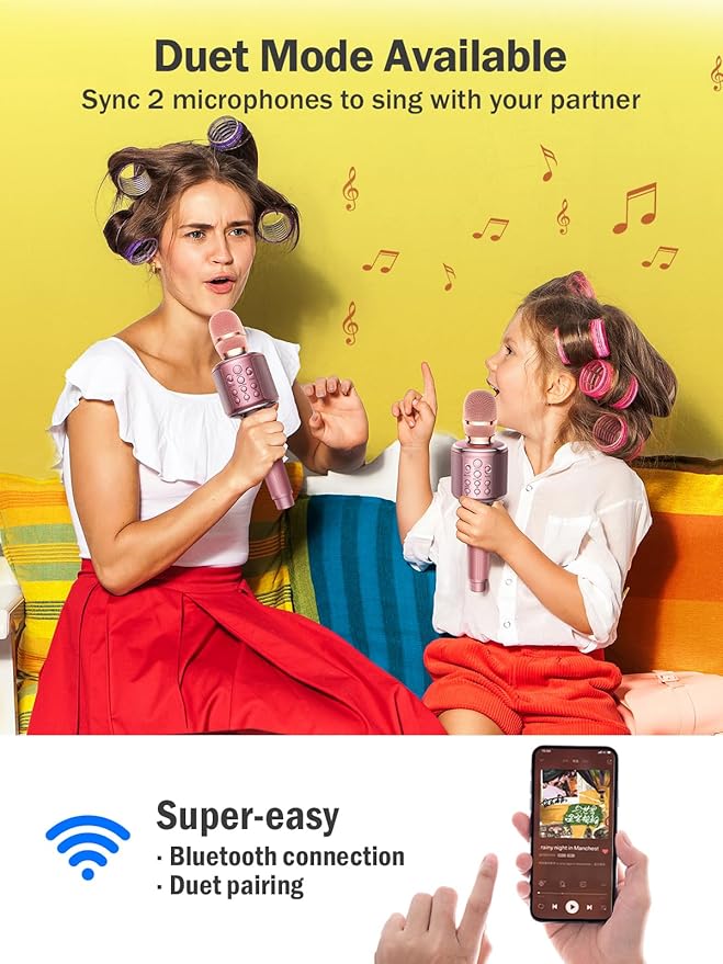 Wireless Bluetooth Karaoke Microphone, Built-in Loud Speaker for 10H Playback, Add Reverb/Duet Mode/Earbuds Monitoring, Portable Karaoke Machine for Entertainment & Singing Practice (Rose Gold)