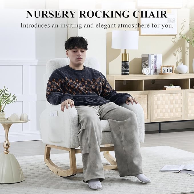 NIOIIKIT Oversized Nursery Rocking Chair, Teddy Upholstered Glider Chair with Footrest, Large Glider Rocker with Side Pocket, Rocking Accent Chair, Glider Recliner for Living Room (White Teddy)