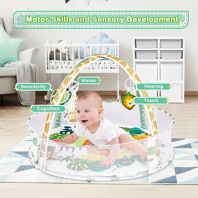 Baby Play Mat, 4-in-1 Baby Play Gym Tummy Time Mat with Ball Pit and 5 Detachable Toys for Newborn to Develop Sensory Exploration and Motor Skill 0-6-12 Months