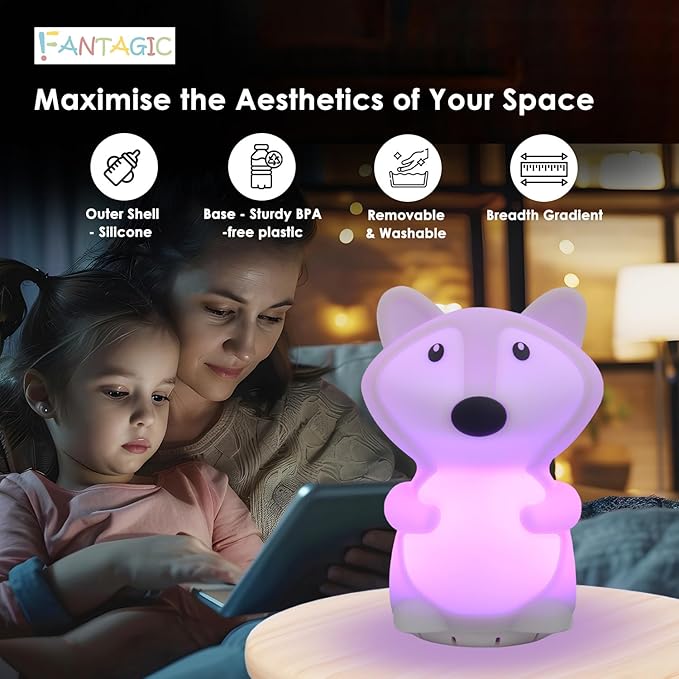 Combined Bluetooth Speaker & Nightlight With 9 Color Emissions, Child Friendly Silicone & BPA Free, USB Recharging, Receives Audio From Computer, Phone Or Tablet, and includes Remote Control (Fox)