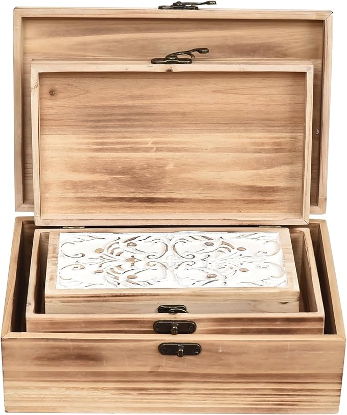 Wooden Box Set of 3 - Rustic Farmhouse Decorative Boxes with Hinged Lid and Carved Design