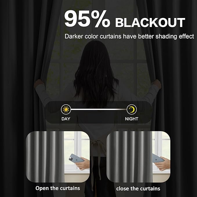 Grey Blackout Curtains 102 Inches Long 2 Panels Set, 60 Inch Wide Pinch Pleated Curtain with Hooks,Thermal Insulated Room Darkening Vertical Window Treatments for Living Room Bedroom 60 x 102