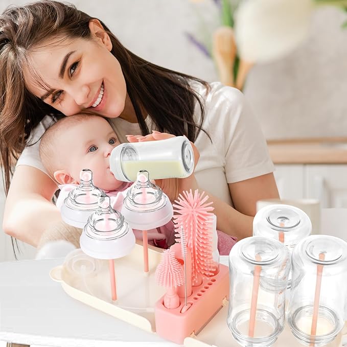 Portable Baby Bottle Brush Set - 7 in 1 Baby Bottle Cleaner Kit, Baby Travel Essential Bottle Washing Kit with Silicone Bottle Brush, Nipple Brush, Straw Brush, Drying Rack for Home and Travel (Pink)