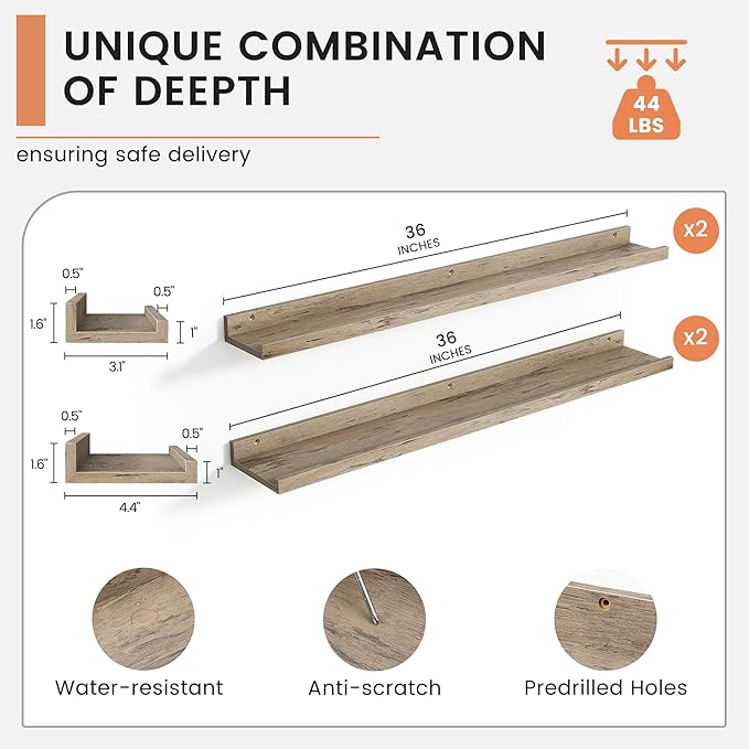 Floating Picture Ledge Shelves for Wall Set of 4, 36 Inch Wall Shelves with Lip Long Large Nursery Book Shelf for Toys Storage Kids Bookshelf Wall Mounted Living Room Bedroom Decor Frames