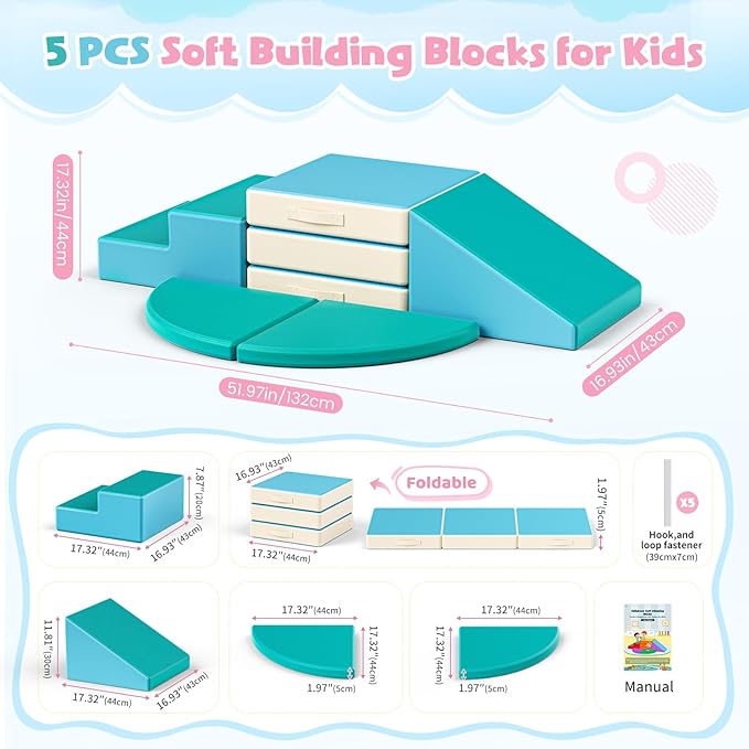 Lischwert Foam Climbing Blocks for Toddlers 1-3, 5pcs Foldable Soft Play Set with Crawling Exploration Toys - Indoor Infant Safe Blocks for Baby Gym & Toddler Playground - Blue