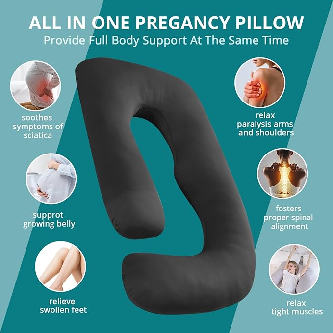 Sasttie Pregnancy Pillows for Sleeping, Jumbo U Shaped Cooling Full Body Pillow with Removable Cover, Pregnant Women Must Haves, Maternity Essential, Black