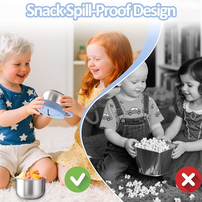 BUSOHA 2 Pack Stainless Steel Toddler Snack Cups - 9 OZ Spill-Proof Baby Snack Containers with Silicone Catcher and Lid Travel Snack Containers for Kids Food Grade Silicone Dishwasher Safe